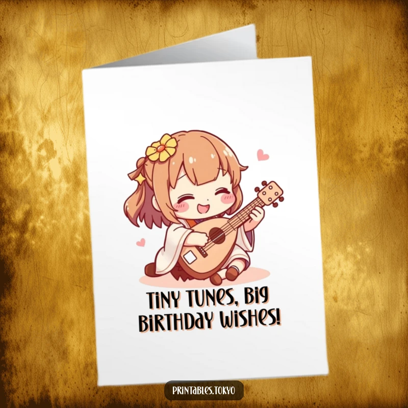 Funny Free Printable Birthday Card: Character joyfully strumming a tiny shamisen, ready to send musical birthday wishes.