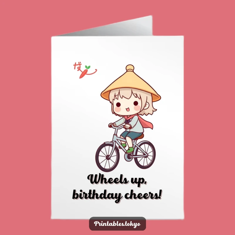 Free Printable Bicycle Birthday Card: Cute Japanese Hat Character Funny Downloadable Gift