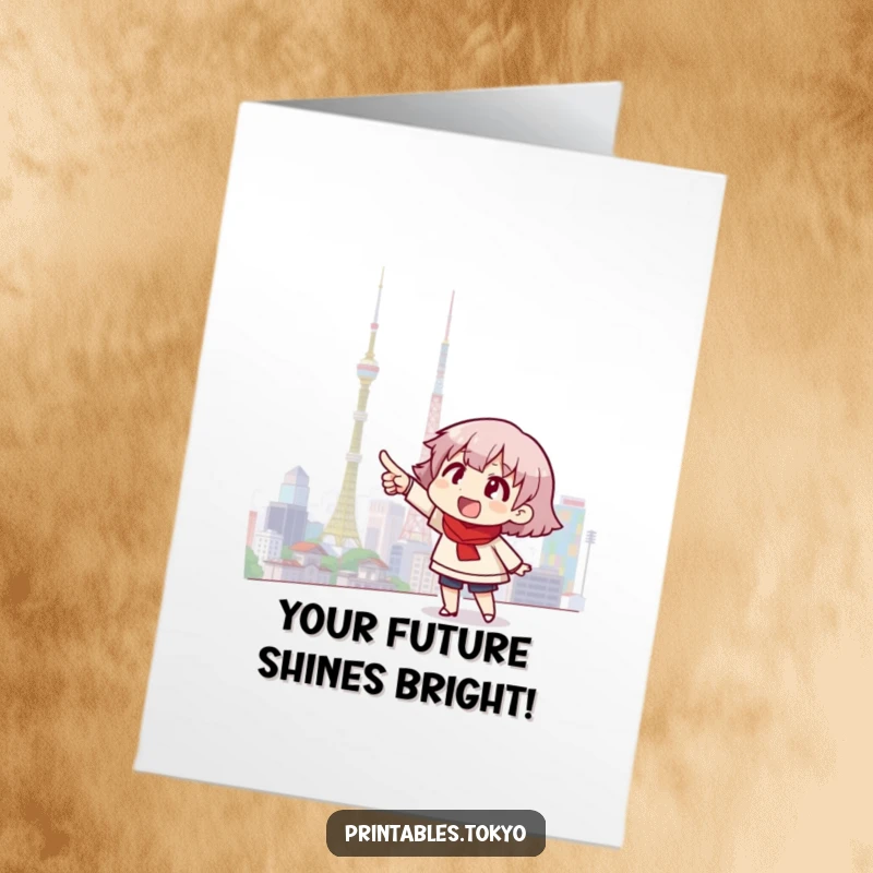 Funny Free Printable Birthday Card: Excited character pointing towards a dazzling, bright Tokyo skyline, celebrating a special day with flair.