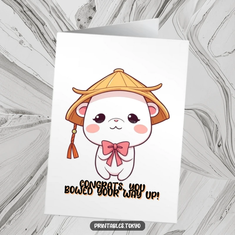 Funny Free Printable Congratulations Card: Cute creature in a traditional Japanese hat bowing shyly to offer congratulations.