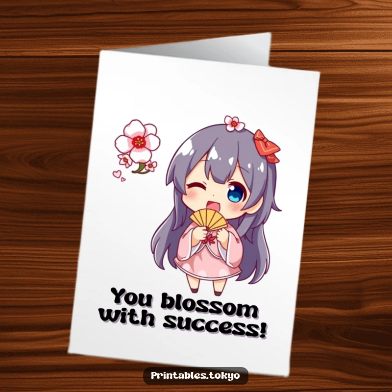 Funny Free Printable congratulations card showing a character energetically waving a fan adorned with cherry blossoms, celebrating success adorably.