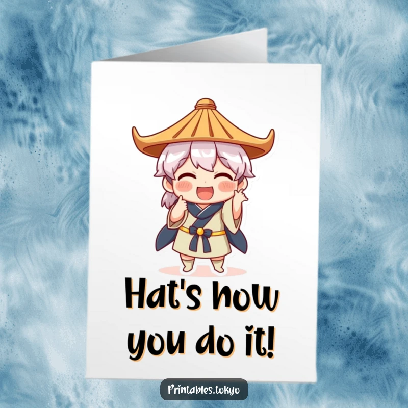 Free Printable Congratulations Card: Character in a traditional Japanese hat striking a funny celebratory pose.