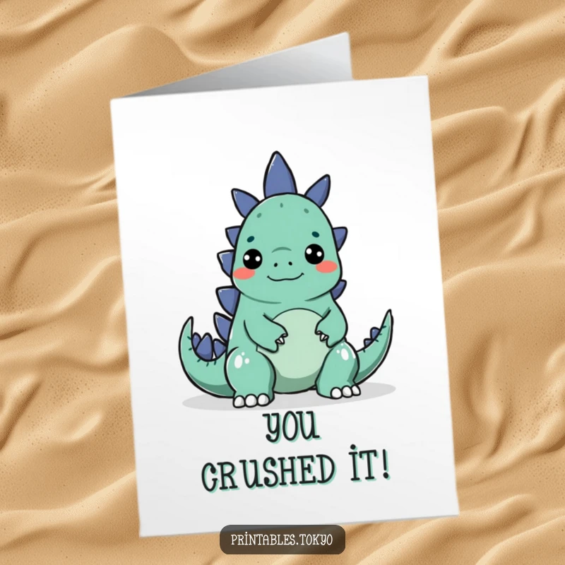 Funny Free Printable Congratulations card showing a character making a silly face to surprise a cute, cartoon Godzilla, adding humor to success.