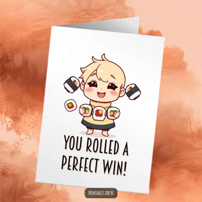 Funny Free Printable Congratulations Card: A joyful character masterfully juggling three miniature sushi rolls, celebrating success.
