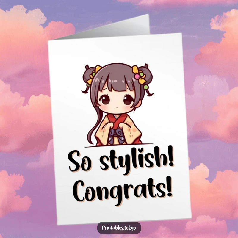Funny Free Printable Congratulations card of a cute character peeking out in a miniature kimono, celebrating an achievement with style.