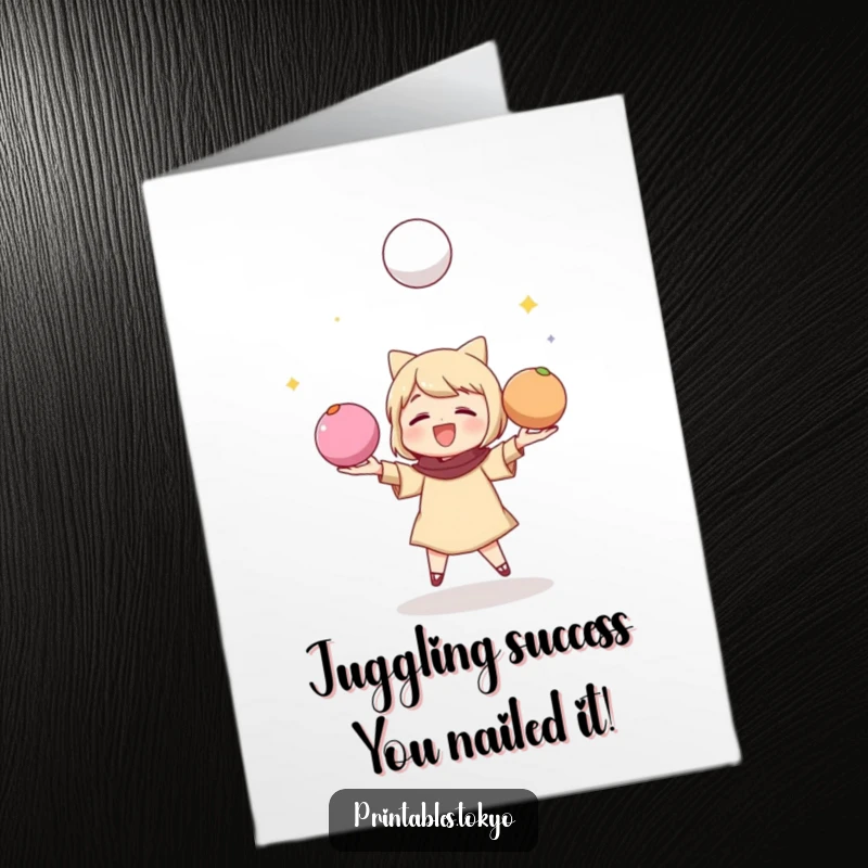 Funny Free Printable Congratulations Card: Character skillfully juggling vibrant mochi balls, celebrating a successful achievement with playful flair.