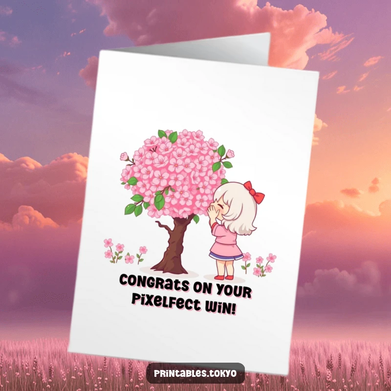 Funny free printable congratulations card featuring a character admiring a large, vibrant, pixelated bouquet of cherry blossoms with delight.