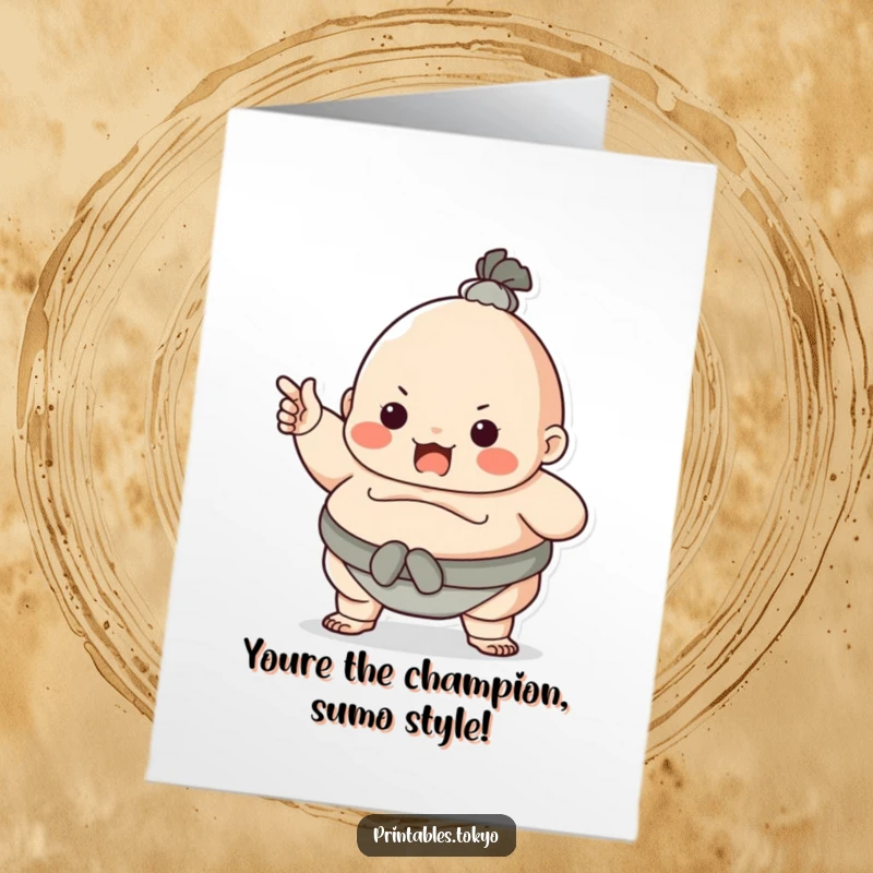 Funny Free Printable Congratulations Card: Character dressed as a sumo wrestler, playfully pointing to celebrate a great achievement.