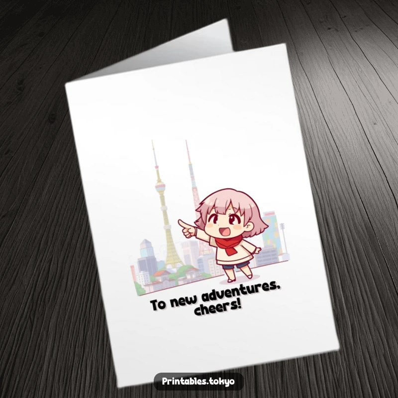 Funny Free Printable Congratulations Card: Character excitedly pointing at a brilliant Tokyo skyline, celebrating success and new horizons.