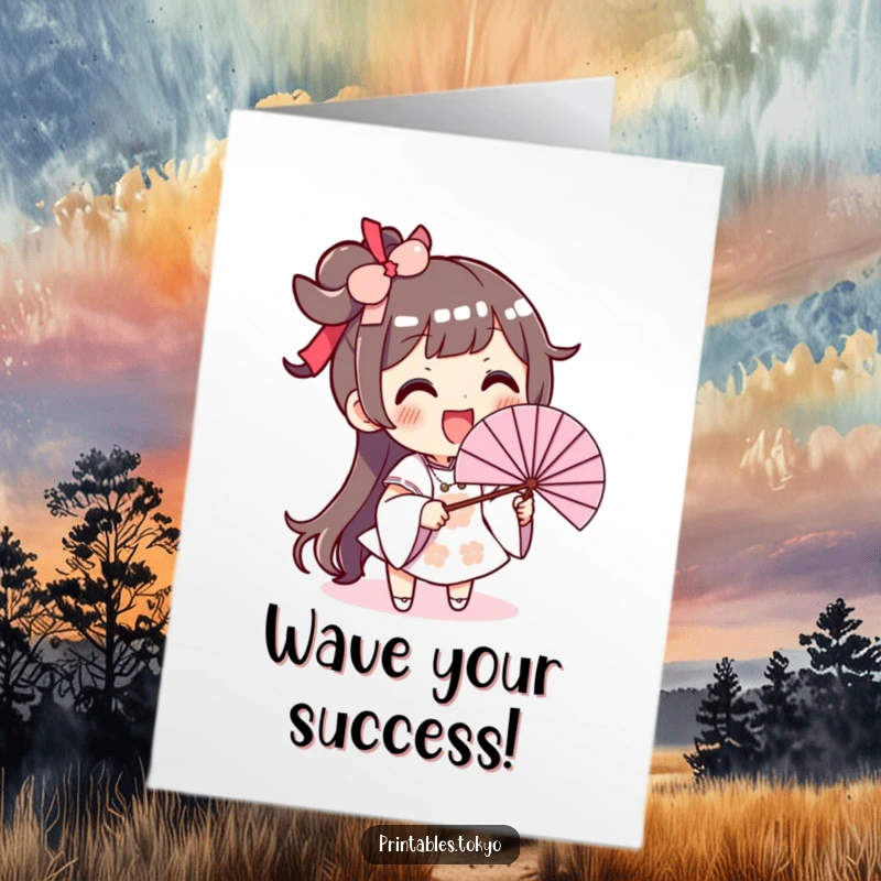 Funny Free Printable Congratulations Card: a character waving an oversized fan enthusiastically to cheer on success.