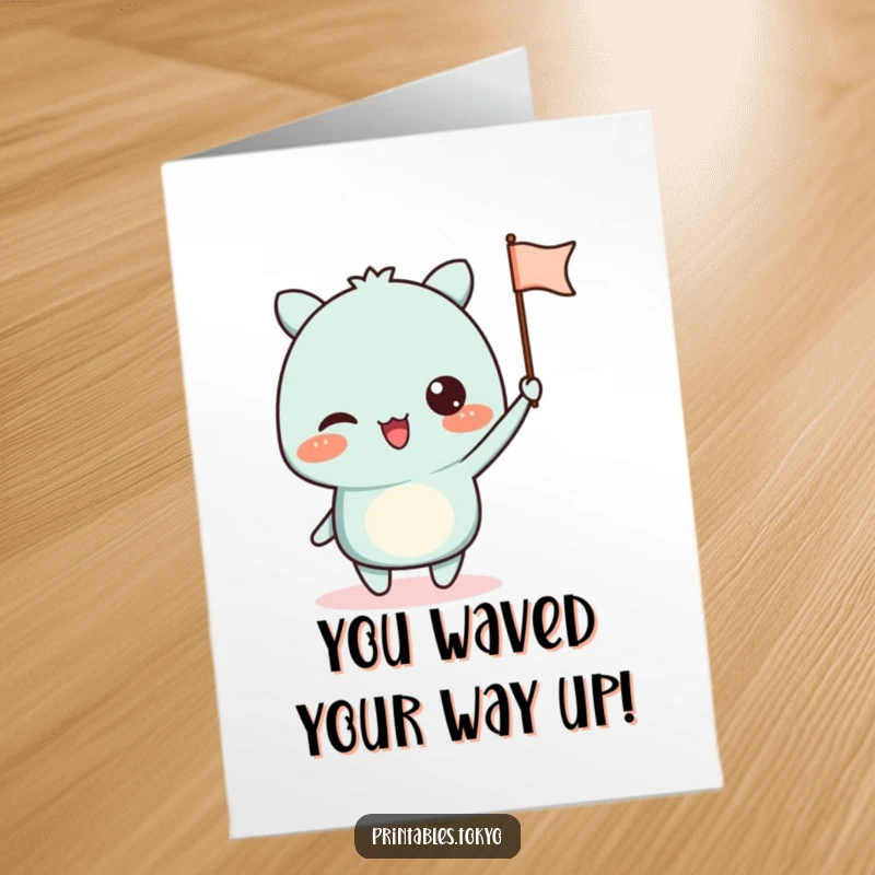 Funny Free Printable Congrats Card: Enthusiastic character waving a cute paper flag, signaling victory and congratulations.