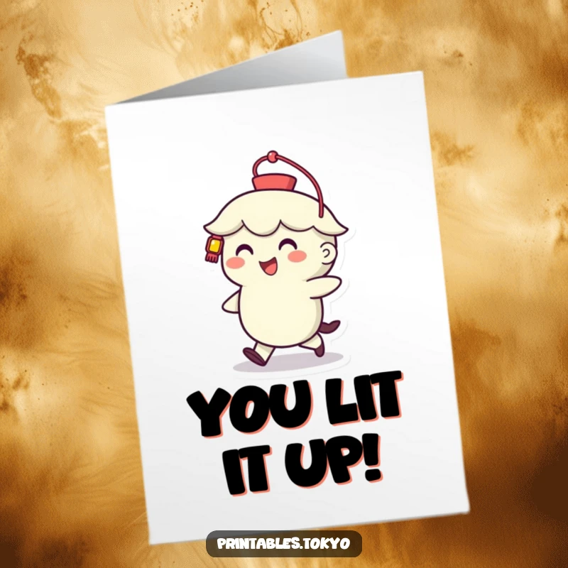 Funny Free Printable Congratulations Card with a smiling character holding a radiant lantern, spreading good vibes for achievements.