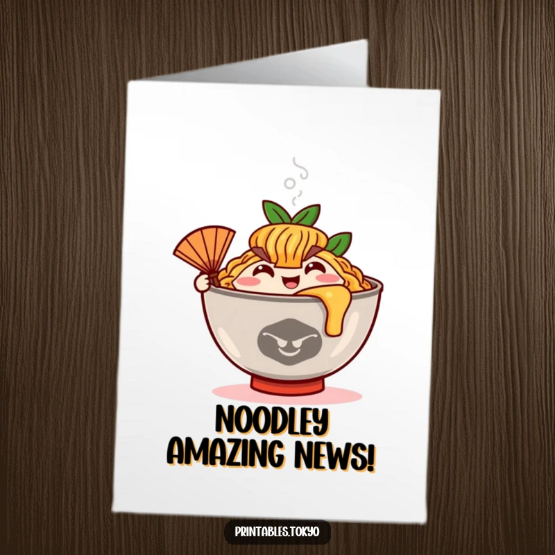 Funny Free Printable Congratulations Card: Happy ramen bowl character with steam, waving fan, celebrating success.