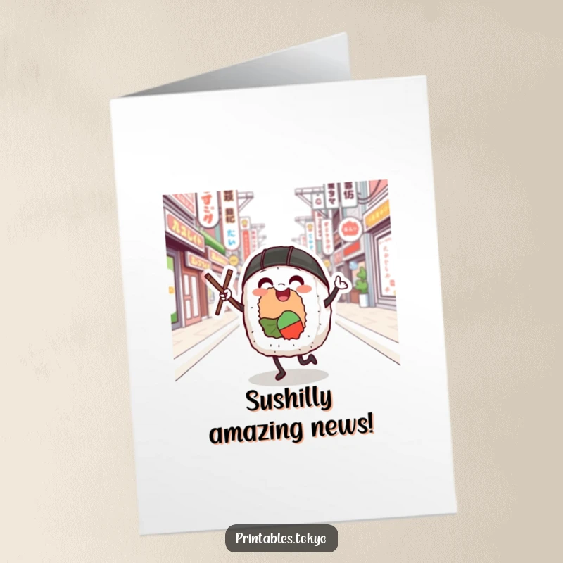 Funny Free Printable Congratulations Card: Sushi roll dancing joyfully with chopsticks on a Tokyo street, celebrating success.