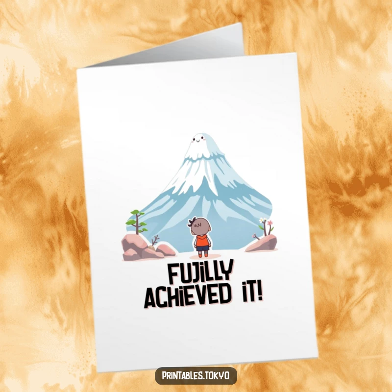 Free Printable Congratulations Card: Character looking up in wonder at a smiling Mount Fuji, celebrating a big win.