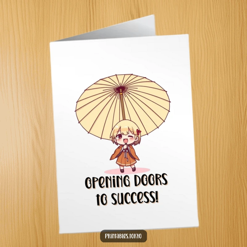 Funny Free Printable Congratulations Card: Character comically attempting to open an oversized Japanese umbrella, celebrating new beginnings.