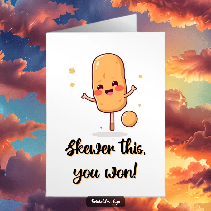 Funny Free Printable Congratulations Card: A cheerful Yakitori skewer character playfully bouncing like a ball to celebrate good news.