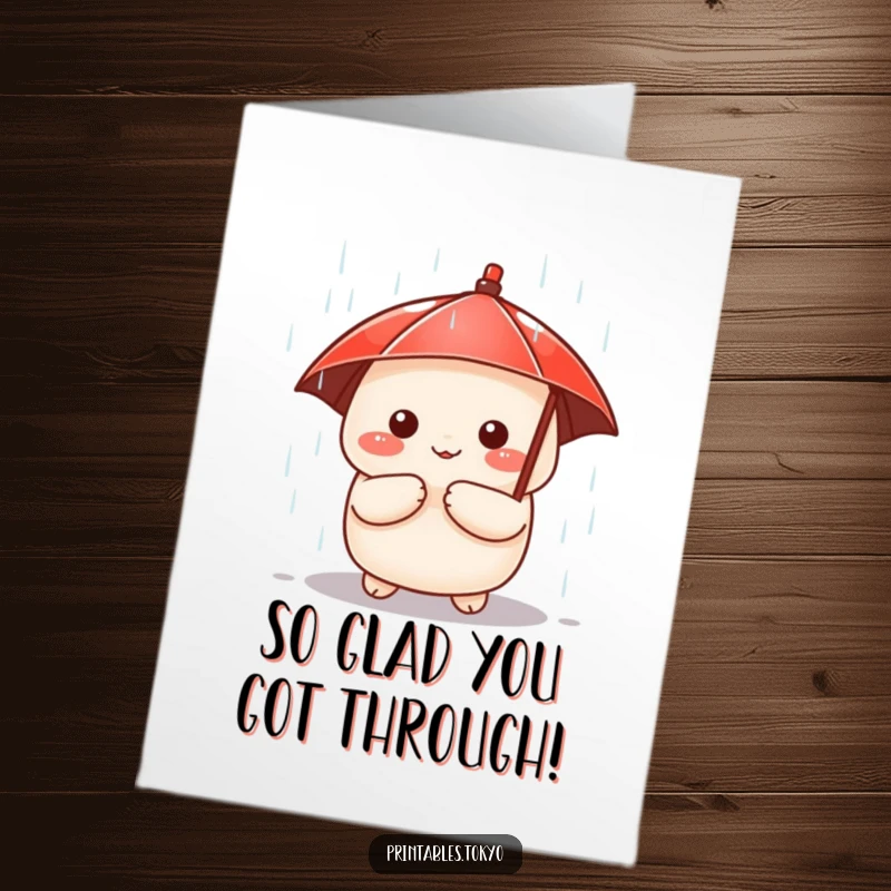Funny Free Printable Congrats Card: A cute dumpling wearing a small red umbrella peeks out from a rainstorm.