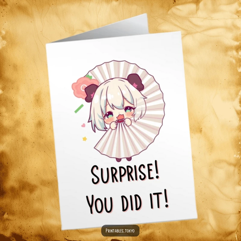 Funny Free Printable Congratulations Card: Character hiding mischievously behind a large fan, ready to pop out with congratulations.