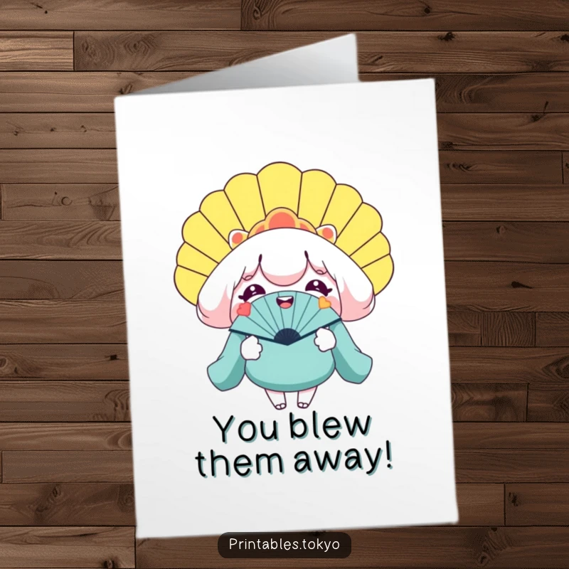 Funny Free Printable Congrats Card: Character beaming while holding open an enormous novelty fan, celebrating big news.
