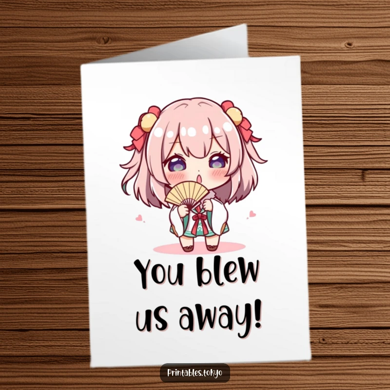 Funny Free Printable Congratulations Card featuring a character with a small fan, playfully gesturing to celebrate achievements with style.