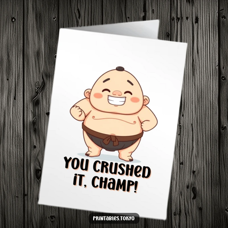 Funny free printable congratulations card showing a proud sumo wrestler character beaming after a victorious bout, striking a celebratory pose.