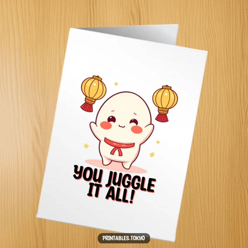 Funny Free Printable Congrats Card: A cheerful mochi character with rosy cheeks is enthusiastically juggling several bright lanterns.
