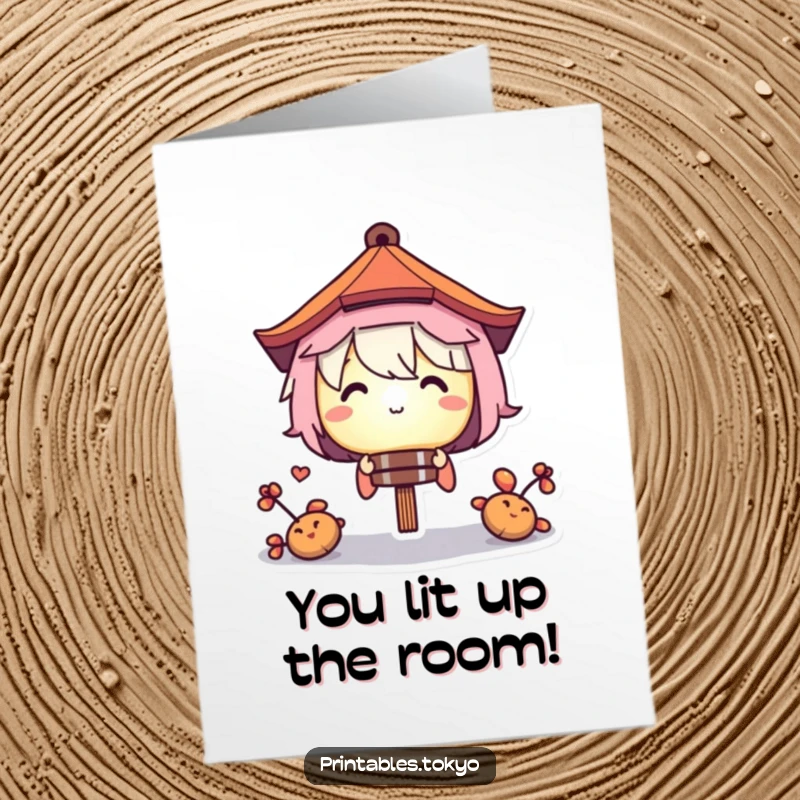 Funny Free Printable Congratulations Card: Character peeks with gentle curiosity from behind a radiant paper lantern. Perfect DIY downloadable gift.