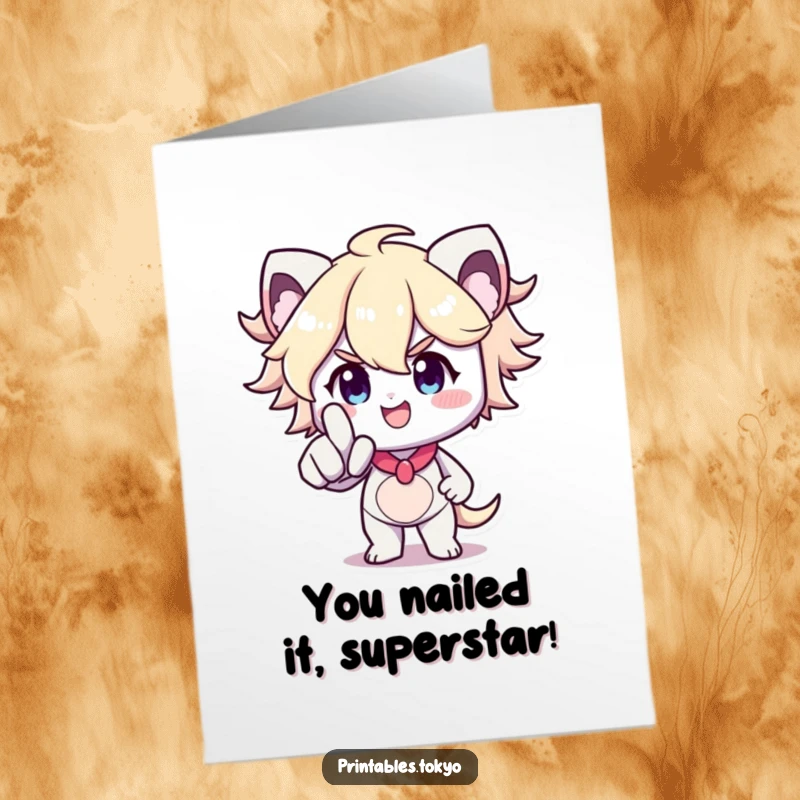 Funny Free Printable Congratulations Card with a smiling character determinedly pointing forward, celebrating progress and success.