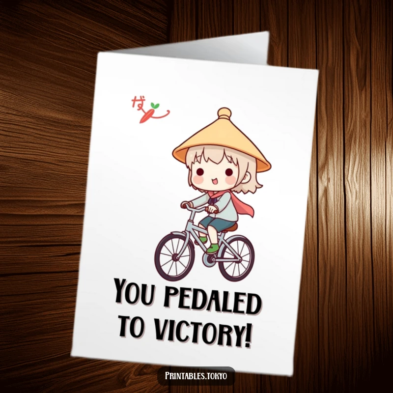 Funny Free Printable Congrats Card: Adorable character in a Japanese hat riding a bicycle, celebrating success with a cheerful journey.