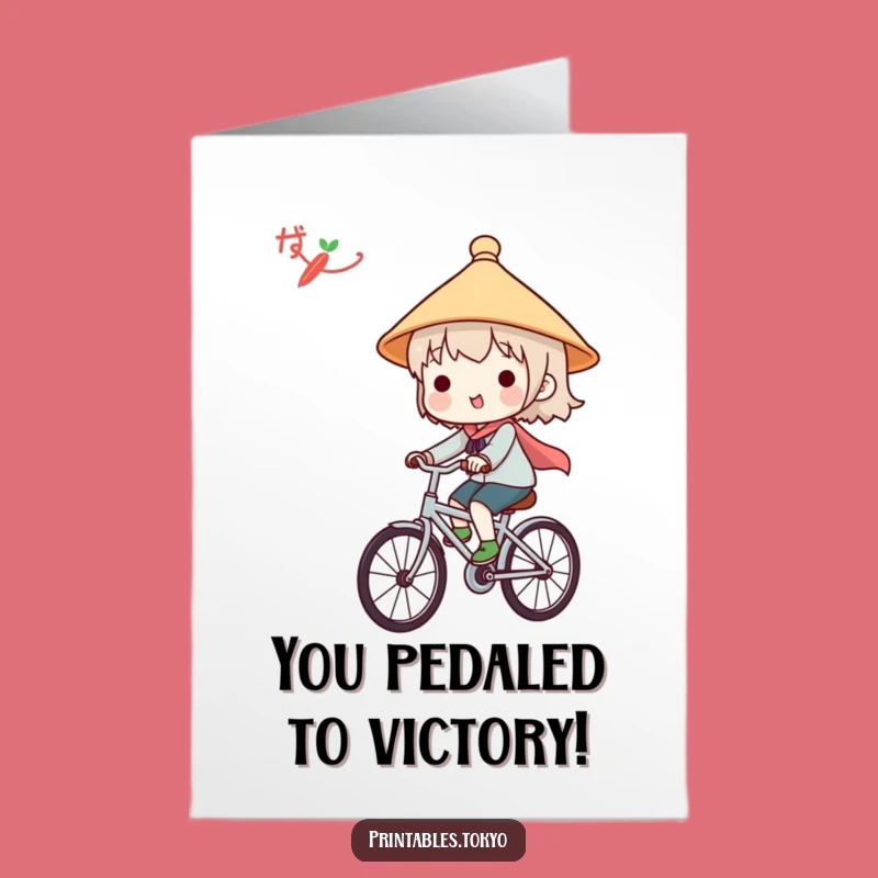 Free Printable Congrats Card: Japanese Hat Character Bicycle Journey Funny Downloadable