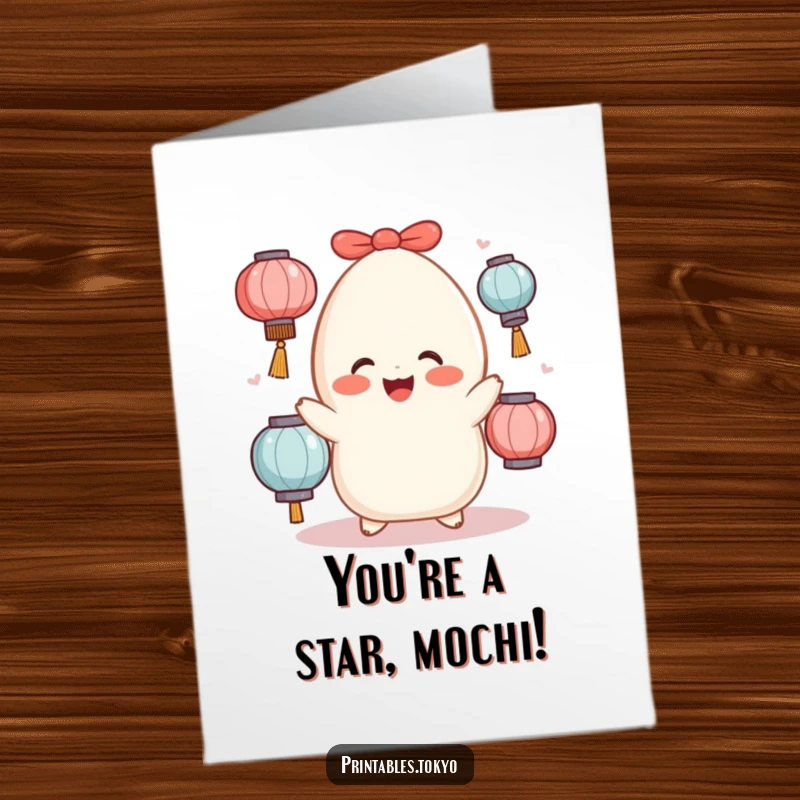 Funny Free Printable Congratulations Card: Cheerful mochi character juggling lanterns, symbolizing brilliant achievements.
