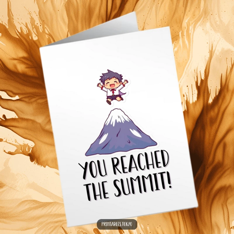 Funny free printable congratulations card depicting a character triumphantly leaping over Mount Fuji, celebrating an achievement.