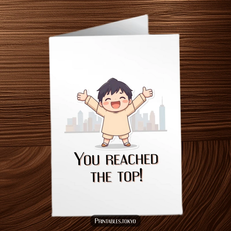 Funny Free Printable Congratulations Card: Joyful character with arms wide embracing a beautiful city skyline, celebrating success.