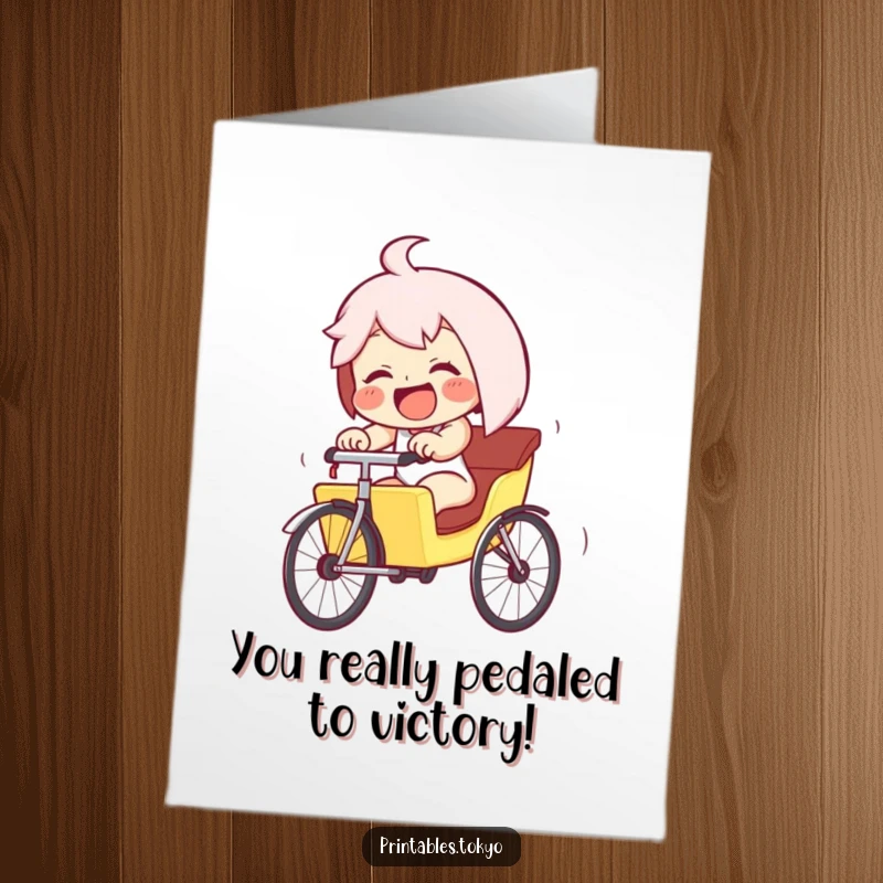 Funny Free Printable Congratulations Card: Giggling character in a tiny rickshaw, pedaling furiously downhill in a celebratory race.