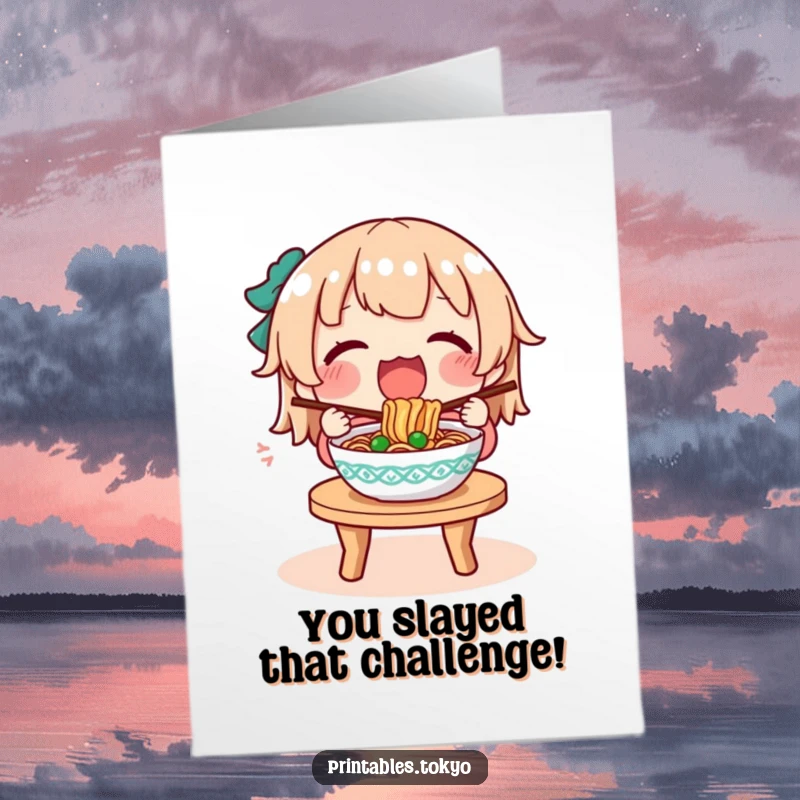 Funny Free Printable Congratulations Card: A character joyfully slurping noodles from a steaming bowl, celebrating a well-deserved success.