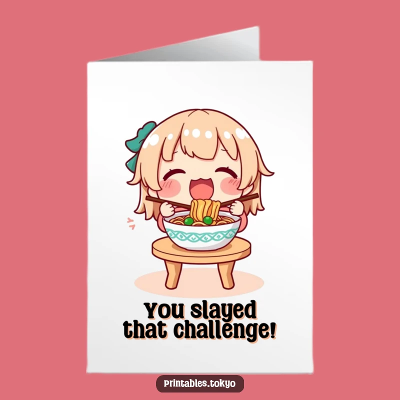 Free Printable Noodle Congrats Card: Character Celebrates with a Steaming Bowl - Download Now!