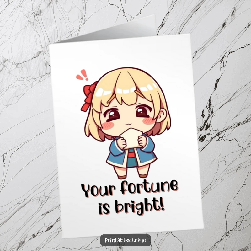 Funny Free Printable Congratulations Card: Character with a perplexed expression holds a fortune cookie, celebrating an unexpected win.