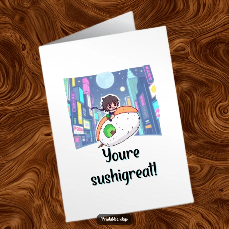 Funny Free Printable Congratulations Card: a character riding a giant sushi roll through a neon city, celebrating success.