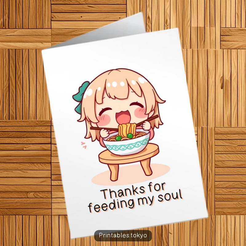 Funny Free Printable Thank You Card: A character happily eats a steaming bowl of noodles, expressing gratitude with a contented smile.