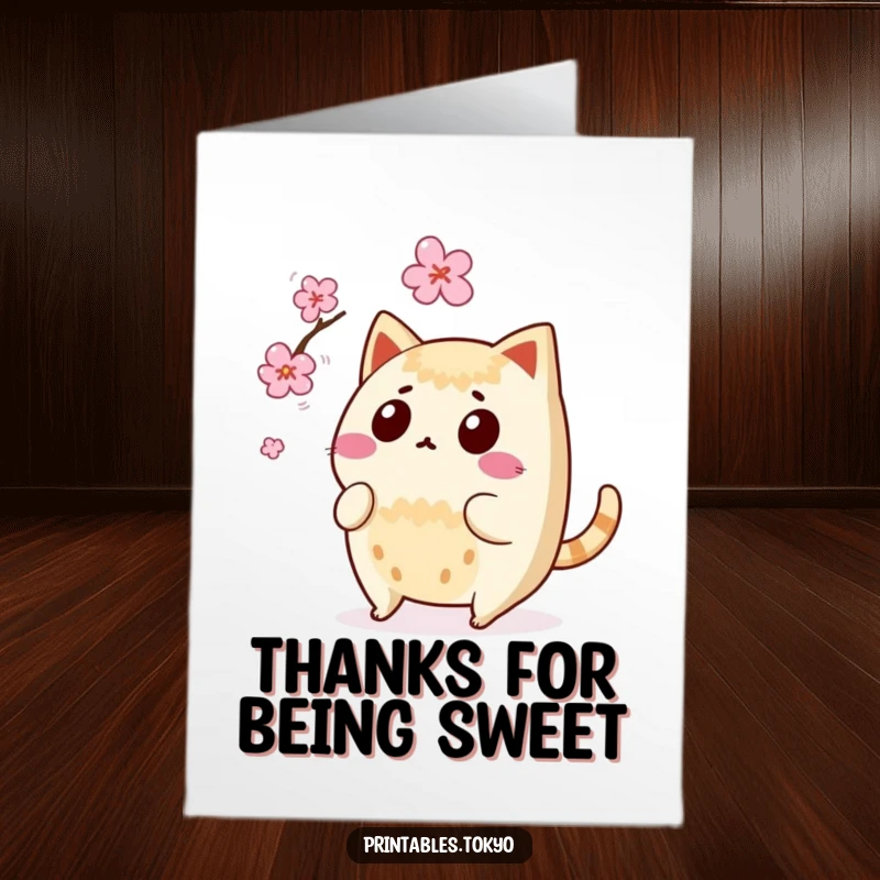 Funny Free Printable Thank You Card: Surprised taiyaki character with wagging tail, narrowly missing falling cherry blossom, saying thanks.