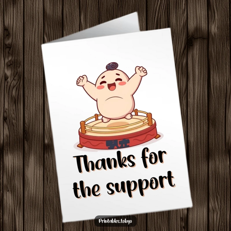 Funny Free Printable Thank You card with a character bouncing happily on a tiny sumo ring, a joyful expression of gratitude.