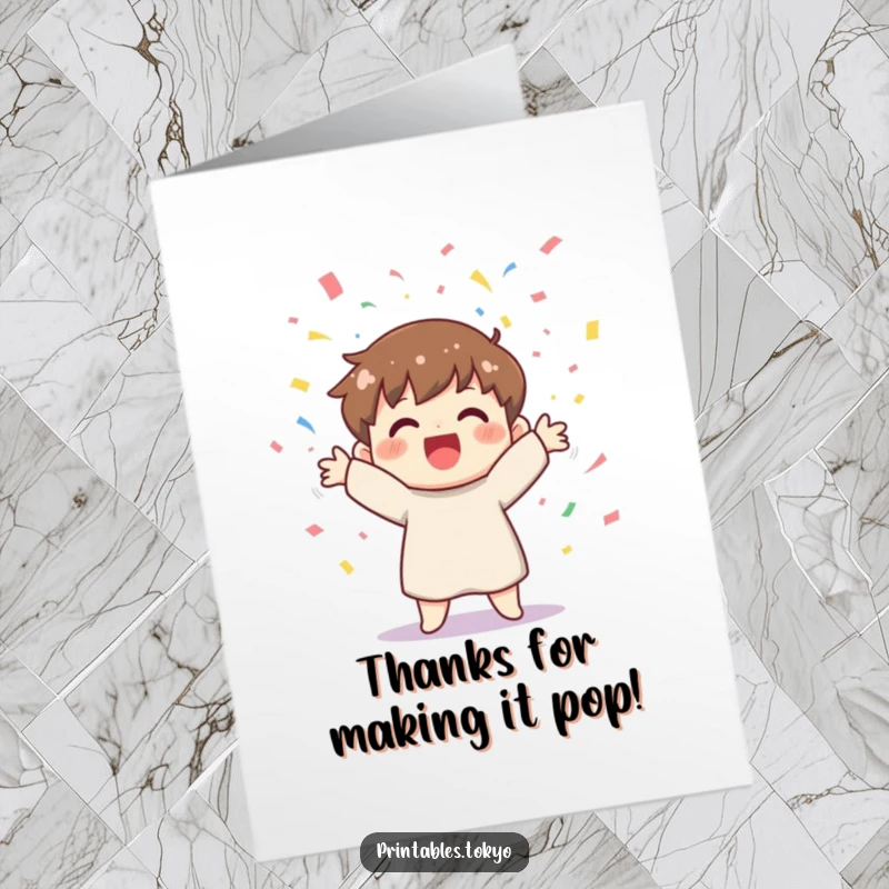 Funny Free Printable Thank You Card: Delightful character tossing colorful confetti, a joyful way to say thank you.