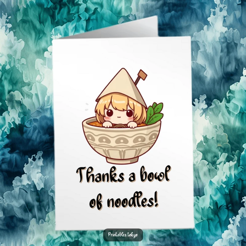 Funny free printable thank you card: A character wearing a tiny hat peeks from a ramen bowl, offering thanks with a smile.