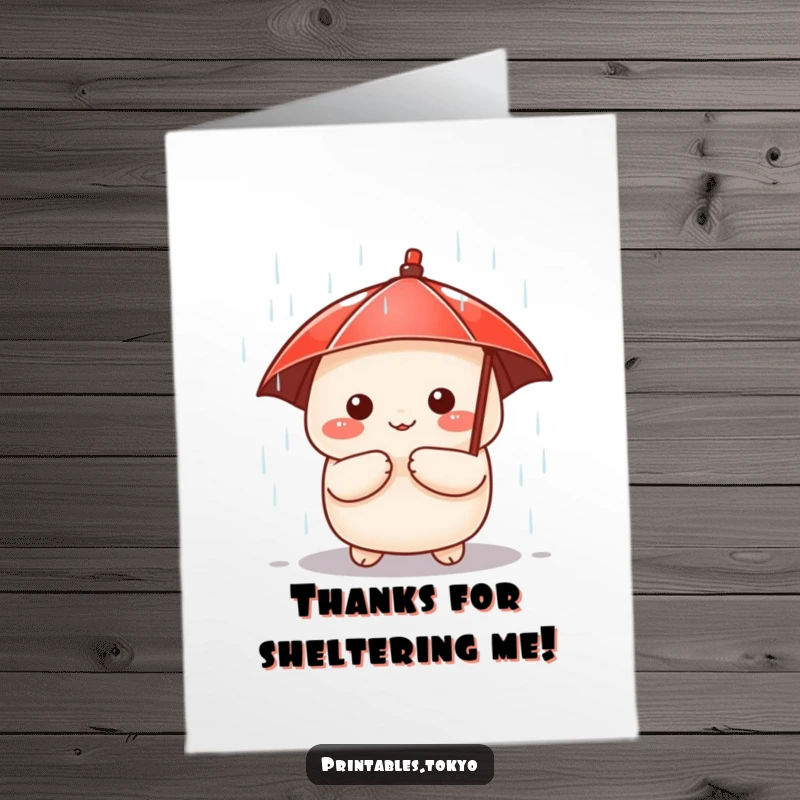 Funny Free Printable Thank You Card: A cute dumpling with a tiny red umbrella peeks out from a rainy downpour.