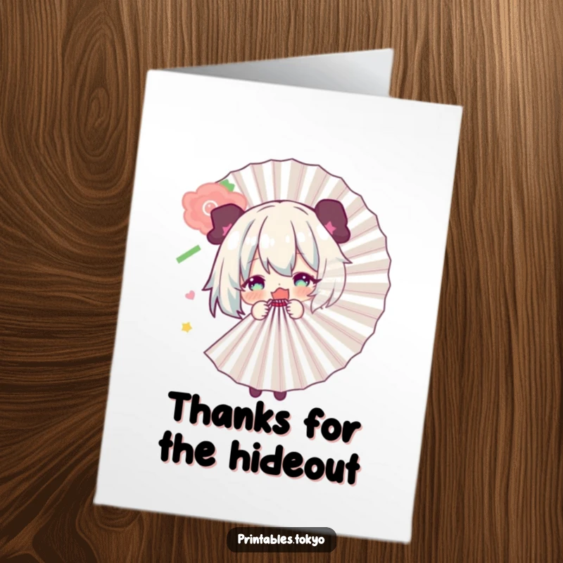 Funny Free Printable Thank You Card: Character peeking playfully from behind a large fan, offering a shy yet warm thank you.