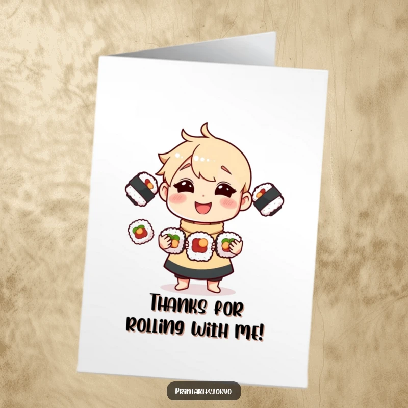 Funny Free Printable Thank You Card: A cheerful character juggling sushi rolls, showing gratitude in a playful, unique way.