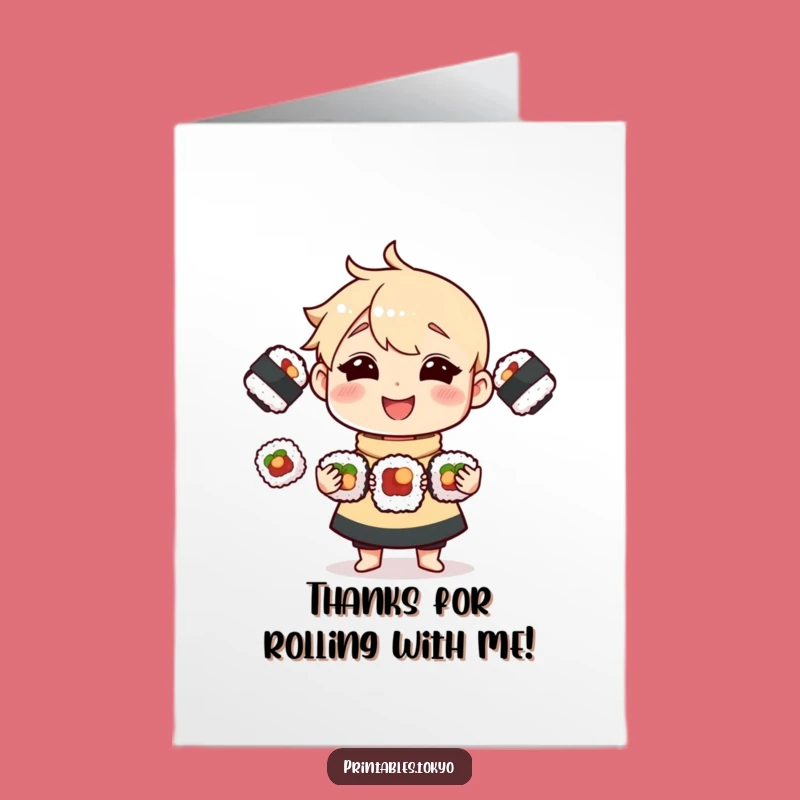 Free Printable Thank You Card: Funny Sushi Juggling Character, Send Gratitude with Humor