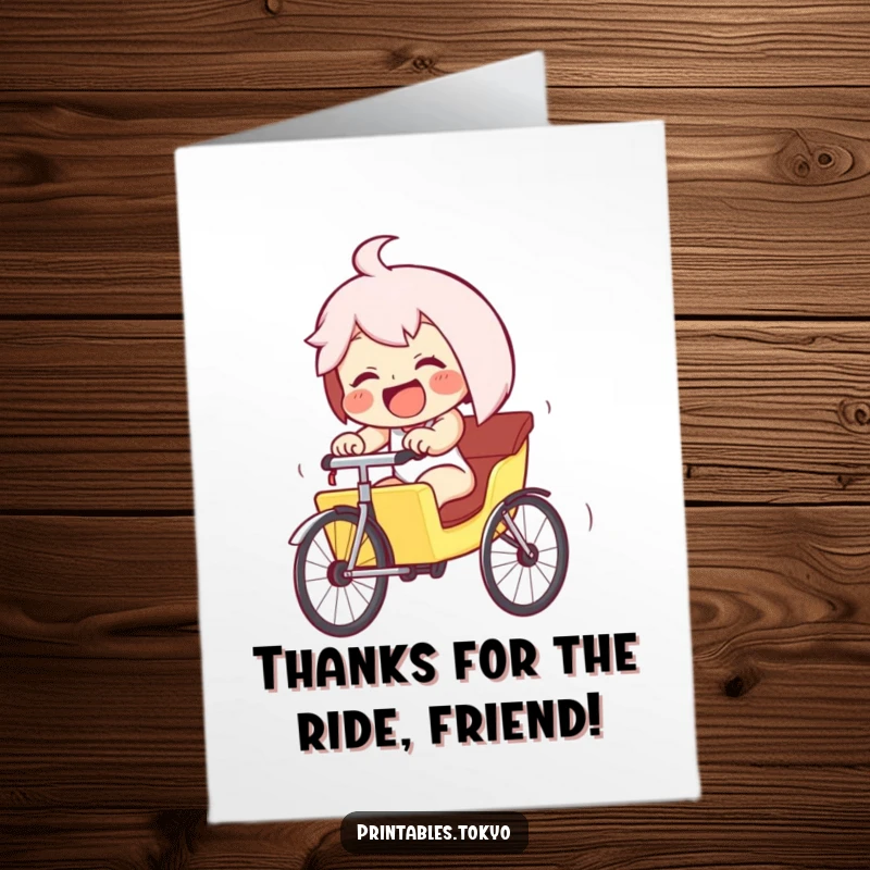Funny Free Printable Thank You Card: Giggling character in a tiny rickshaw, pedaling furiously downhill with a thankful grin.