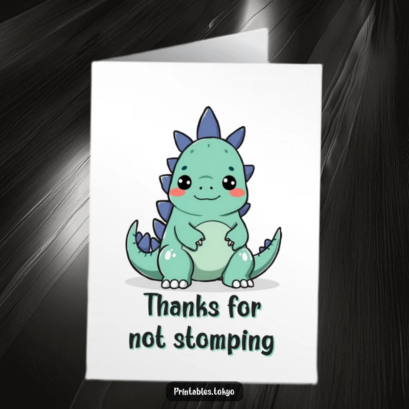 Funny Free Printable Thank You card with a character making a silly face to surprise a little Godzilla, a humorous way to say thanks.